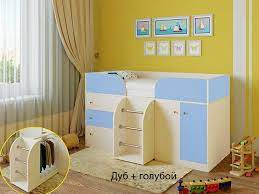Кровать-чердак Малыш-4 Дуб молочный/Голубой в Уяре - uyar.mebel54.com | фото