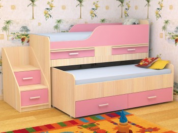 Кровать детская Лесики двухместная 1.8  Дуб молочный/Розовый в Уяре - uyar.mebel54.com | фото