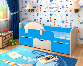 Кровать Малыш-мини с бортиком Дуб молочный/Голубой в Уяре - uyar.mebel54.com | фото