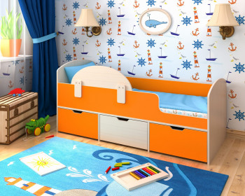 Кровать Малыш-мини с бортиком Дуб молочный/Оранжевый в Уяре - uyar.mebel54.com | фото