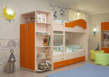 Кровать Мая двухъярусная с ящиками и шкафом Млечный дуб/Оранжевый в Уяре - uyar.mebel54.com | фото