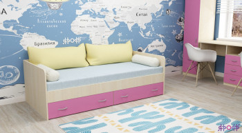 Кровать с выкатными ящиками Дуб Молочный/Розовый в Уяре - uyar.mebel54.com | фото