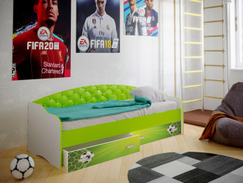 Кровать Софа-8 с мягкой спинкой фотопечать Футбол (900х1900) Белый/Лайм в Уяре - uyar.mebel54.com | фото