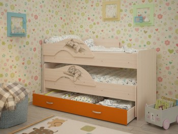 Кровать выкатная Радуга-Сафари детская 1600 Млечный дуб/Оранжевый в Уяре - uyar.mebel54.com | фото