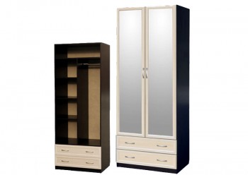 Шкаф для платья и белья 2-х дверный с профилем МДФ с 2 зеркалами Венге/Дуб выбеленный в Уяре - uyar.mebel54.com | фото