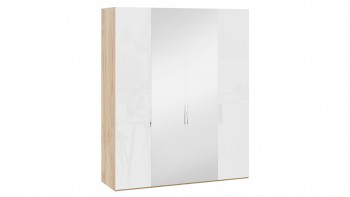 Шкаф комбинированный с 2 глухими и 2 зеркальными дверями «Эмбер» Яблоня Беллуно/Белый глянец в Уяре - uyar.mebel54.com | фото