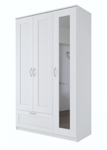 Шкаф трехдверный Сириус с зеркалом и 1 ящиком белый в Уяре - uyar.mebel54.com | фото