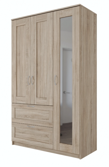 Шкаф трехдверный Сириус с зеркалом и 2 ящиками дуб сонома в Уяре - uyar.mebel54.com | фото